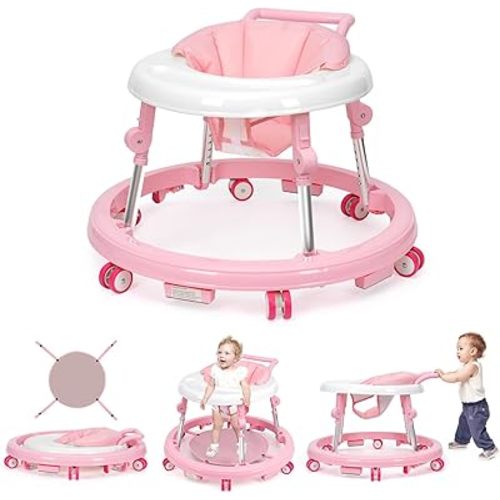 Baby Walker Foldable with 9 Adjustable Heights, Baby Walkers and Activity Center for Girls Boys Babies 7-18 Months, Baby Walker with Wheels Portable Anti-Rollover (Pink)