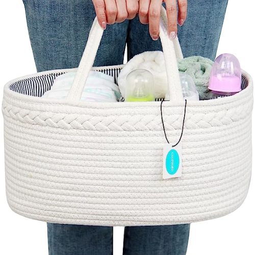 Casaphoria Little Large Baby Diaper Caddy Organizer - Nursery Storage Bin for Boys & Girls, Car Organizer, Cotton Rope Basket Portable Bag | Cream White(14.2"x8.5"x7.1") - cream white