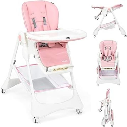 INFANS High Chair with One-Hand Removable Tray, 4 Lockable Wheels & Large Storage Basket - Multi-Adjustable Height, Recline & Footrest, Removable Cushion, Foldable for Baby, Infant Toddler