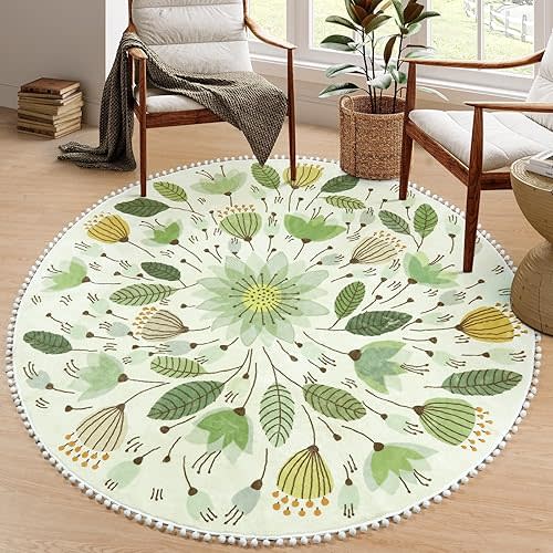Uphome Round Throw Rugs for Bedroom 4' Circle Cute Area Rug with Pom Poms Fringe Floral Plant Washable Non-Slip Soft Floor Mats for Entryway Laundry Living/ Kids Room Nursery, Green