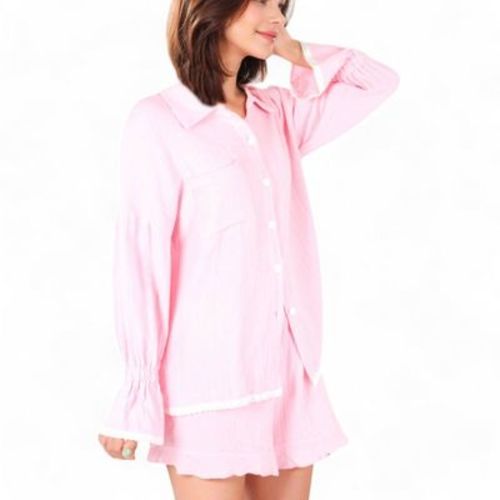 Anna-Kaci Lounge Women's Button-Down Long Sleeve Pajama Set with Frilled Hem Shorts - Small, Pink