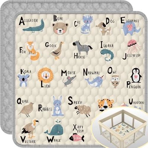 Baby Play Mat for Floor, 50x50 Playpen Mat, Foldable Waterproof Machine Washable Non-Slip Baby Floor Mat, Alphabet & Animal Design