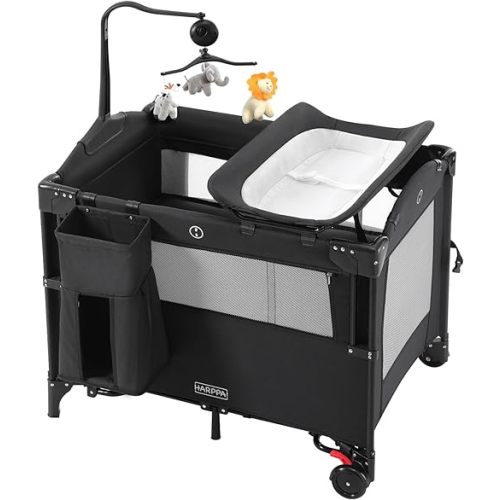 HARPPA Pack and Play 5 in 1, Portable Baby Playard for Travel, Baby Bassinet Bedside Sleeper with Mattress, Rolling Bassinet for Infant, Pack n Play with Changing Table, Bed Crib(Black)