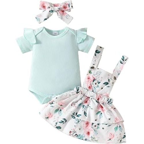 Mubineo Short Sleeve Romper Overall Skirt Dress Headband Set