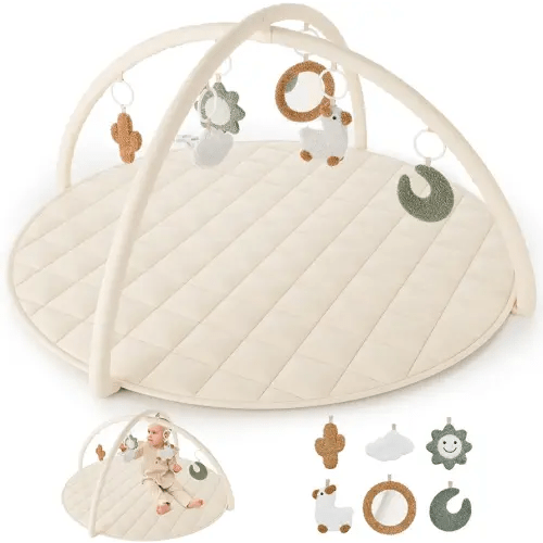 Beautiful Baby Play Gym and Tummy Time Mat - Soft Cotton Mat with 6 Cute Toys Creates The Perfect Activity Area for Your Girl/Boy - Stylish Infant Floor Playmat Fits Nicely with Any Playroom Decor