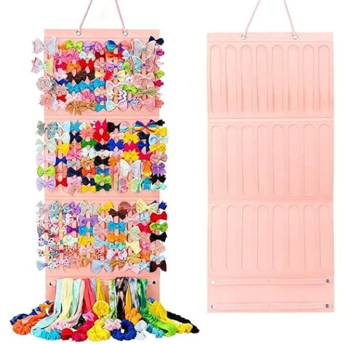 Hair Bows Organizer for Girls Large Capacity, Ribbon Baby Headband Holder, Baby Girl Bow Hanger for Girls Room, Nursery Decor- Pink