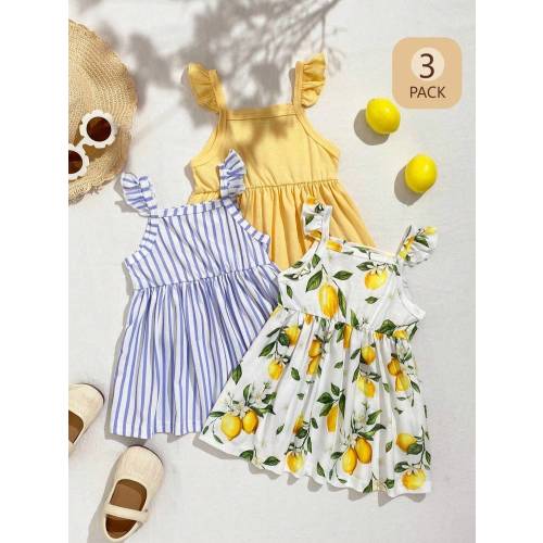3pcs/Set Baby Girl Lemon Print Blue & White Striped Ruffle Sleeve Dress