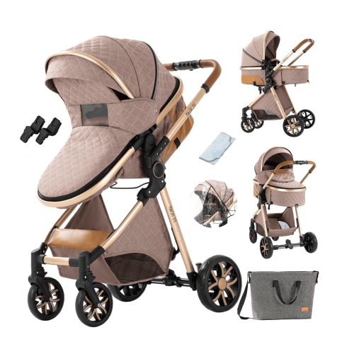 2 In 1 Baby Stroller with Sleeping Bassinet Mode and Adjustable Backrest for Toddler Sitting Mode,Unisex(Khaki)