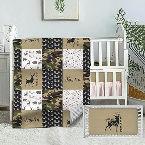 Personalized Crib Bedding Sets for Baby Boys, Custom Baby Boy Crib Bedding Set with Name, Woodland Deer Camo Nursery Bedding, 2 Piece Crib Bedding Set, Name Crib Comforter, Crib Fitted Sheet for Baby