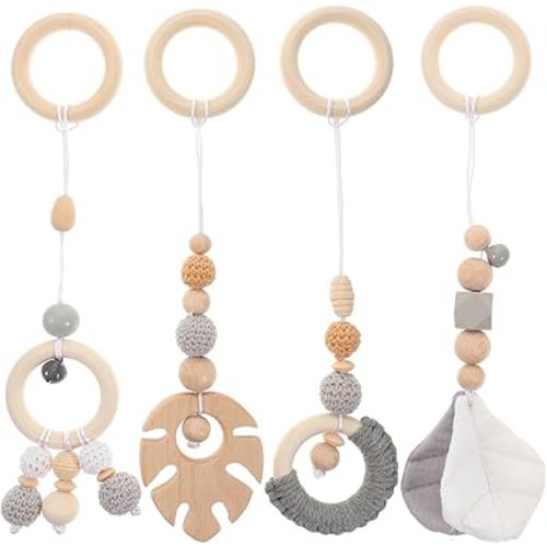 jojofuny 4pcs Leaf Toy Crib Hanging Pendants Wood Crib Pendant Wooden Hanging Pendants Wood Bed Hanging Pendant Gym Rattle Pendant Stroller Yarn Gym Rack