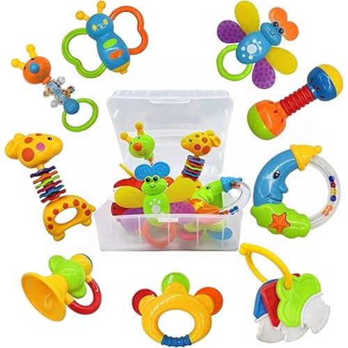 9pcs Baby First Rattle Teether Toy Gift Set with Storage Box for Infant Newborn Baby Boy 0 3 6 9 12 18Month Blue