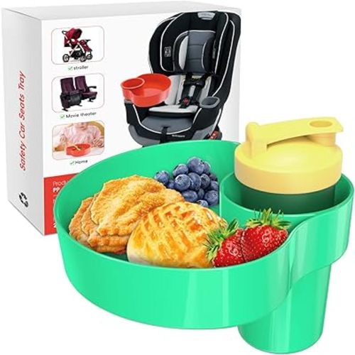 Kids Car Seat Snack Tray, Travel Tray for Kids Car Seat with Cup Holder, Toddlers Road Trip Essential Travel Snacks Food Plate Tray for Stroller, Safety Seats (Green)