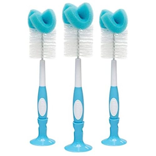 Dr. Brown's Reusable Sponge Baby Bottle Cleaning Brush Set with Suction Cup Stand, Scrubber and Nipple Cleaner, Blue 3-Pack