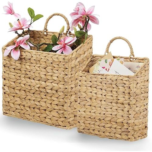 Set of 2 Wicker Hanging Basket for Organizing, Front Door, Mail, Flowers - Woven Wall Baskets for Storage
