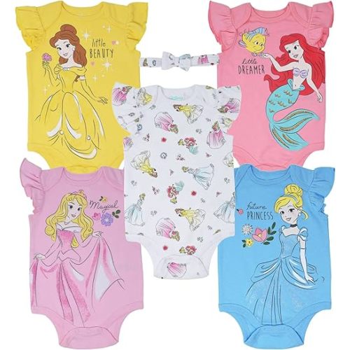 Disney Princess Ariel Cinderella Aurora Baby Girls Bodysuits and Headband Newborn to Infant