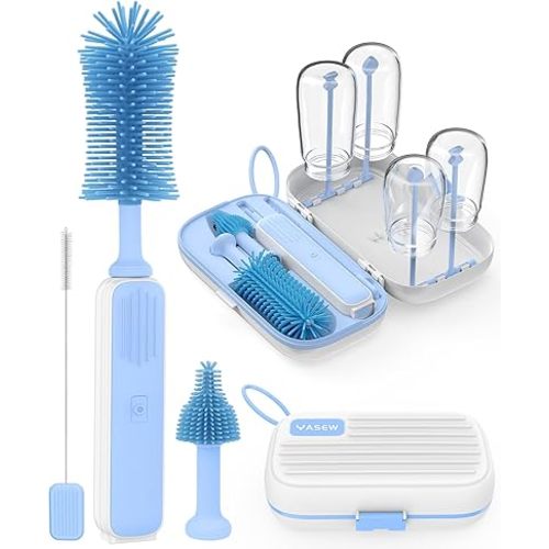 Electric Baby Bottle Brush Cleaner - Baby Bottle Brush Travel Essential, Safe BPA-Free Silicone, One Button 360° Efficient Cleaning, Long-Lasting 2000 mAh Battery, Storage Box for Travel Outdoor