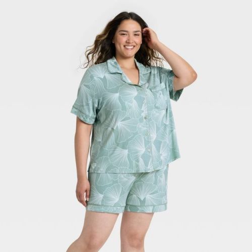 Women's Cloud Knit Short Sleeve Notch Collar Top and Shorts Pajama Set - Auden™ Black 2X: Modal, Spandex, Elastic Waistband