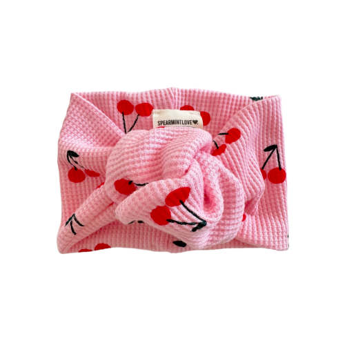 Organic Waffle Turban Headband, Pink Cherries