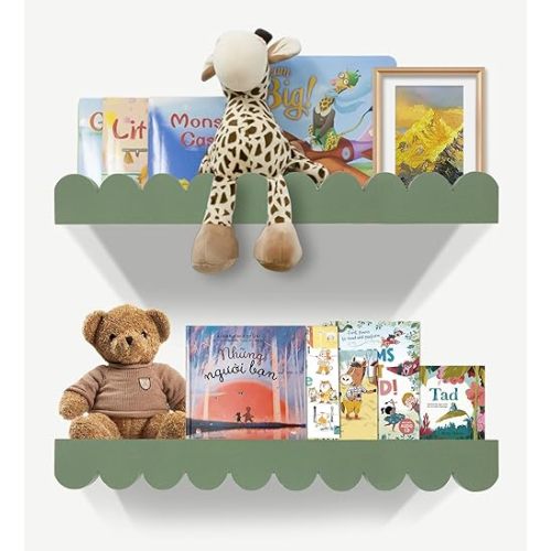 Nursery Book Shelves 20Inches, Scalloped Floating Shelves for Bedroom Kids, Nursery Shelves for Wall 2 Pack, Scalloped Shelf for Toddler Room, Baby Room, Nursery Decor, Sage