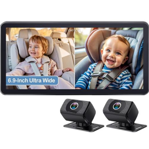 2-Kids Baby Car Camera for Seat: 6.9 Inch Ultrawide Display with Two Cameras Rear Facing - USB Powered Backseat Camera HD 1080P Easy to Install