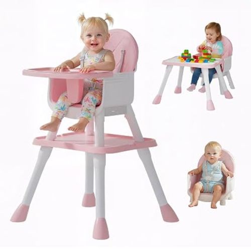 6-in-1 Convertible Baby Highchair, Booster Seat, Toddler Chair & Building Block Table, with Removable Tray, Easy Clean Cushion & 5-Point Harness (Grey)