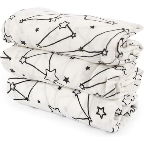 Iron Lily Muslin Swaddle Blankets for Baby Boys & Girls -Stars (3pack) - 70% Rayon derived from Bamboo, 30% Cotton- Newborn Black and White Muslin Blanket Baby - Receiving Muslim Infant Wrap Swaddles