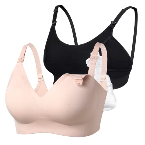Momcozy Bra 2 Pack, Hands Free Pumping Bra and Seamless Nursing Bra for 34D/34E/36B/36C