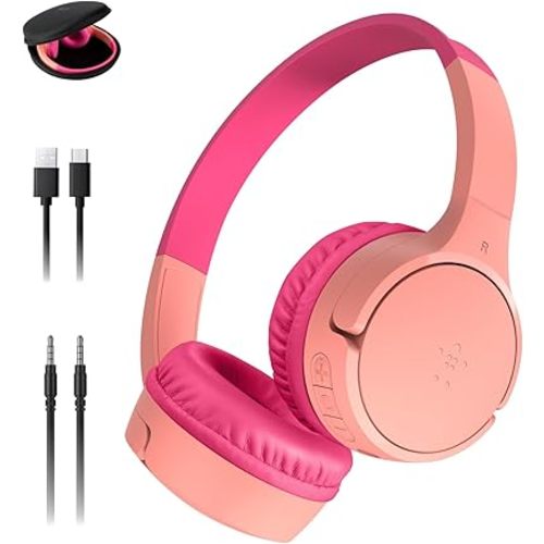 Belkin SoundForm Mini w/Case - Wireless Bluetooth Kids Headphones with 30H Battery Life, 85dB Safe Volume Limit, Built-in Microphone - Kids On-Ear Earphones for iPhone, iPad, & More - Pink