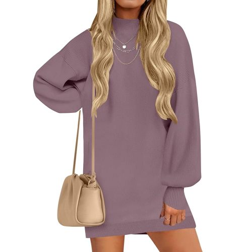 ZESICA Women's Fall Turtleneck Sweater Dress Oversized Long Lantern Sleeve Casual Knit Pullover Mini Dresses