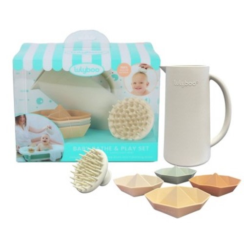 Lulyboo Silicone Baby Bath Toys Gift Set - Rinse Cup, Scalp Scrubber & Boat Toys for Fun Bath Time for Infants and Toddlers - Neutrals - 6pc