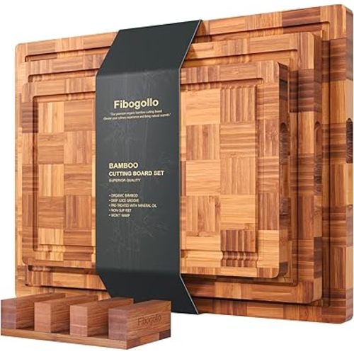 Bamboo Cutting Boards for Kitchen(Set of 3),Chopping Boards with Juice Groove,End Grain Serving Board with Holder,Bamboo Butcher Block for Meat,Vegetables,Fruit