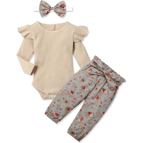 KANGKANG Newborn Baby Girl Clothes Ribbed Ruffle Sleeve Romper + Floral Pants + Headband Cute Infant Baby Girl Outfit 3Pcs