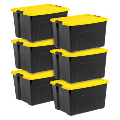 IRIS 6pk 60qt Plastic Storage Bins with Lids Black Yellow Latching Stackable Totes : Stackable Utility Totes, Portable, Universal Storage, Lidded Bins