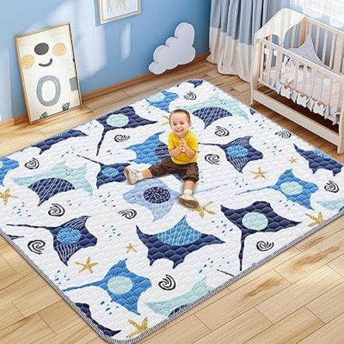 omzer Baby Play Mat 71x79inch - Extra Large Playmats for Floor Foldable - Thick One-Piece Playpen Mat - Non-Slip Crawling Mats for Babies Toddlers - Machine Washable Padded for Tummy Time, Blue