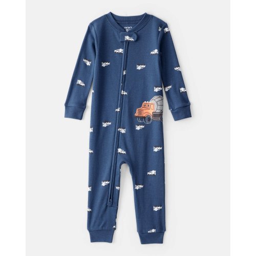 Baby Boy Construction Print 100% Cotton Long-Sleeve 2-Way Zip 1-Piece Pajamas - Blue - Carter's | Carter's