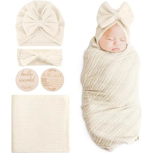 BQUBO Baby Swaddle Blankets for Girls, 4PCS Newborn Accessories Set with Matching Hat and Bow Headband with Card
