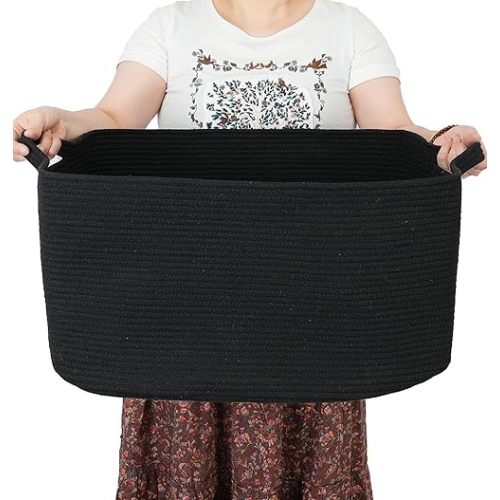 Large Rectangle Blankets Basket Living Room 22"x17"x12" Woven Cotton Rope Storage Baskets for Nursery Toy Baskets for Kids and Dogs Wicker Laundry Basket Bin for Clothes Towels black