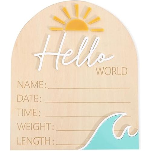 Sun Wave Hello World Wooden Board - Summer Newborn Birth Announcement,The Big One Wave Information Record Card,Hello World Hospital Bulletin Sign,Nursery Milestone Board Photo Props