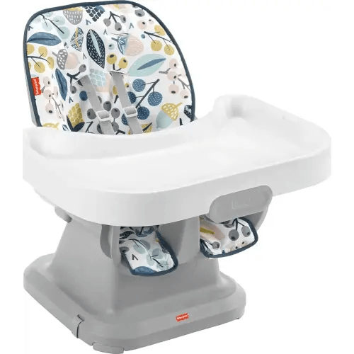Fisher-Price SpaceSaver High Chair Navy Foliage, portable infant-to-toddler dining chair and booster seat with easy clean up features