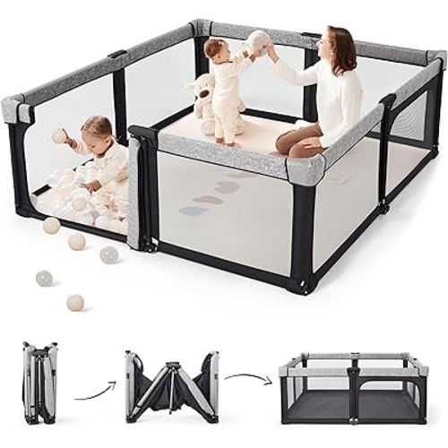 Sweeby Baby Playpen, 79x71 Inch Foldable Playpens for Babies and Toddlers with Gate, Extra Large Playpen with Door Play Yard for Baby Fence Indoor and Outdoor Play Pen, Obsidian Black