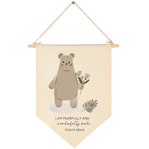 Woodland Animal Bear-I Am Fearfully and Wonderful Made-Flag Wall Decor Gifts for Baby Girls Boys Kids-Canvas Hanging Pennant Banner Wall Sign Gifts for Nursery Baby Room Playroom Bedroom Front Door