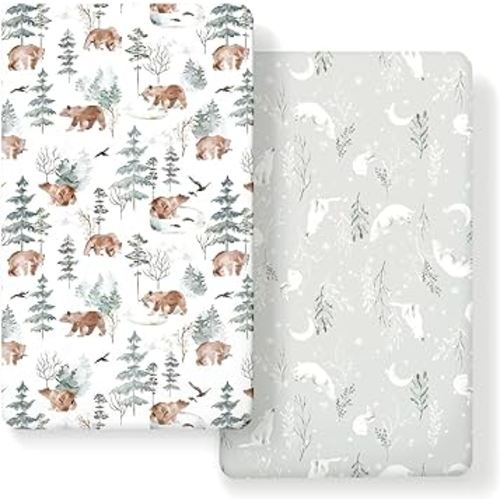 Stretchy Ultra Soft Jersey Knit Fitted Crib Sheets Set 2 Pack，Fit All Standard Crib Mattress Pads Safe and Snug, Stylish Pattren of Bear and Wolf Print