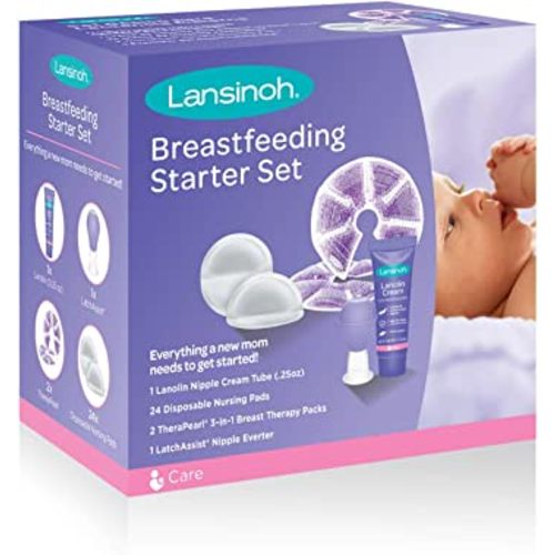 Lansinoh Breastfeeding Starter Set for Nursing Mothers, Breastfeeding Gift for Baby Showers and New Moms, Contains Nursing Essentials and Breast Therapy