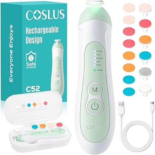 COSLUS Rechargeable Baby Nail File: Cordless Baby Nail Trimmer Electric with 5 Speeds & 6 Grinding Heads for Baby Kid, CPC Certified and Quiet Design - Safe for Sleep Trim Buffer, C52, Green
