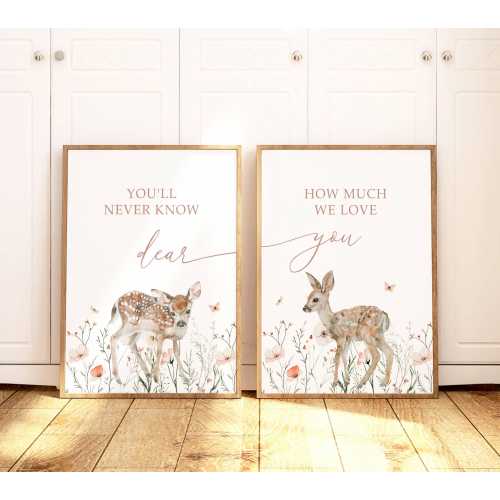 You'll never know dear how much we love you print, girls nursery print, deer nursery print, pink wildflowers print, nursery girls wall art
