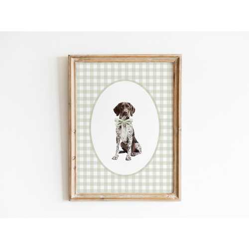 German Shorthaired Pointer Nursery Decor, Watercolor GSP Dog Nursery Print, Baby Boy Nursery, Sage Green Gingham Wall Print, Girl Bow Art