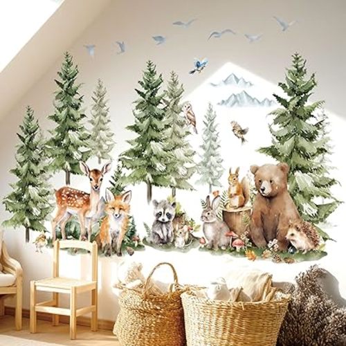 DECOWALL SG4-2422 Large Pine Trees and Forest Animals Wall Decal Stickers Mountain Bear Fox Peel and Stick Wall Art Decals for Kids Room Baby Nursery Woodland Wallpaper Living Bedroom