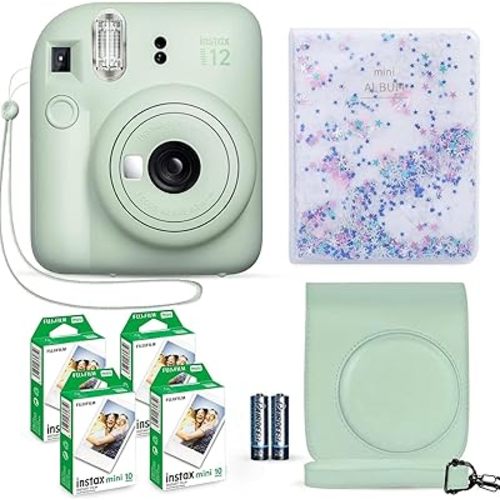 Fujifilm Instax Mini 12 Instant Camera Mint Green + Fuji Film Value Pack (40 Sheets) + Shutter Accessories Bundle, Incl. Compatible Carrying Case, Quicksand Beads Photo Album 64 Pockets