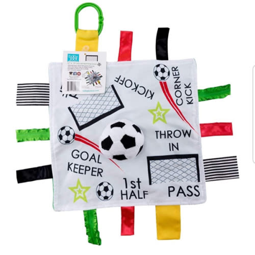 Baby Jack & Co 10x10” Soccer Sports Lovey Sensory Plush Blanket - Tag Toy for Babies - Baby Stroller Toys - Learn Shapes, Letters & Colors - MVP Baby Ball Toy & Baby Sports Gift w/Stroller Clip