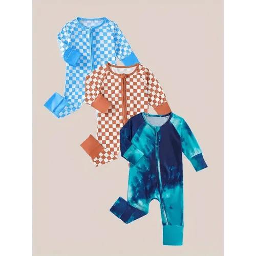 3pcs Cozy Boys' Rompers - Classic Plaid & Starry Sky Blue Tie-Dye, Long Sleeve Jumpsuits for Fall/Winter, Perfect Gift